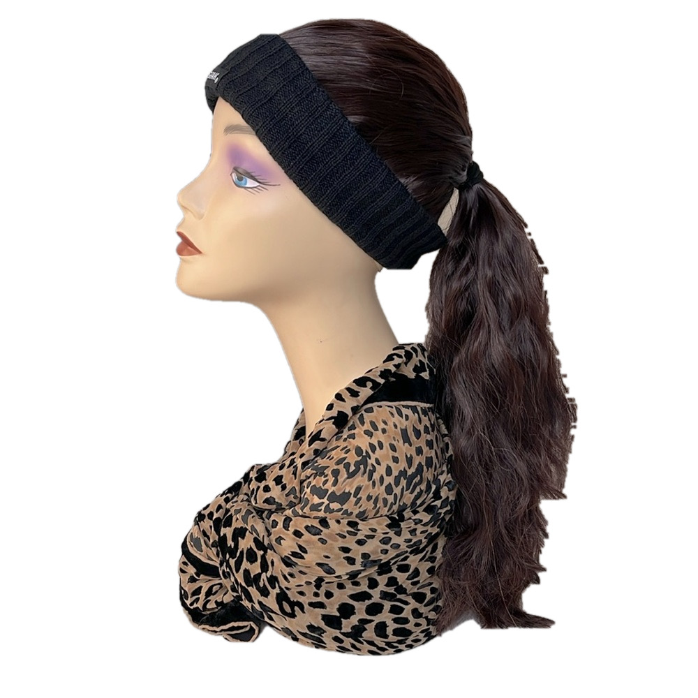 Long Curly Wavy Ponytail 20" Wig Hat Red Brown Hair with Black Knit Headband